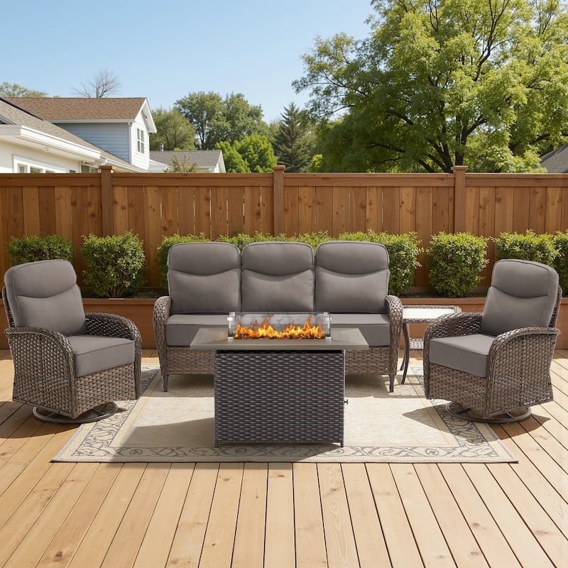 Meyreso 5-Piece Wicker Outdoor Patio Fire Pit Sofa Set with 6-Inch Thick Cushions - Brown Wicker - Gray Cushions