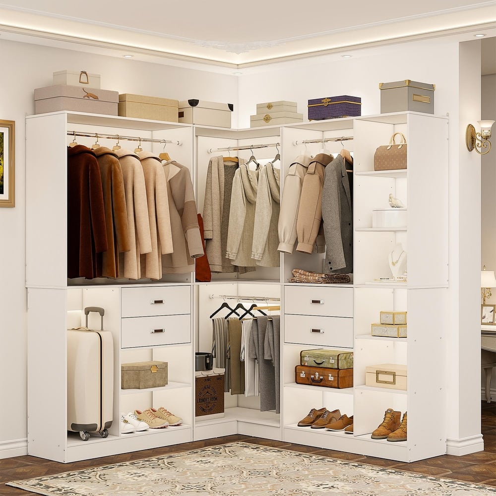 51''-110'' Freestanding Closet Organizer with Hanging Rods, Set of 3 Corner Closet System with Drawers