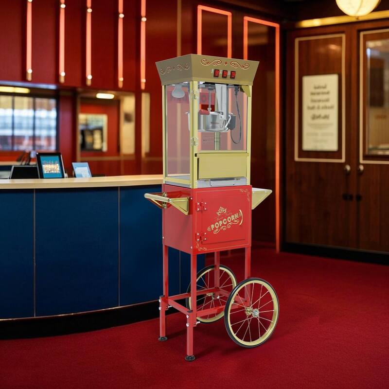 12oz Popcorn Machine Cart, Popcorn Cart with Wheels, Vintage Popcorn Machine with Stainless Steel Kettle