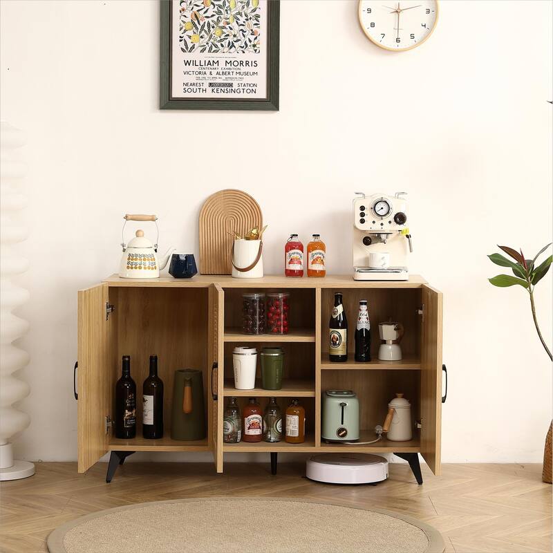 Three-Door Cabinet with Natural Rattan Mesh - Natural Wood