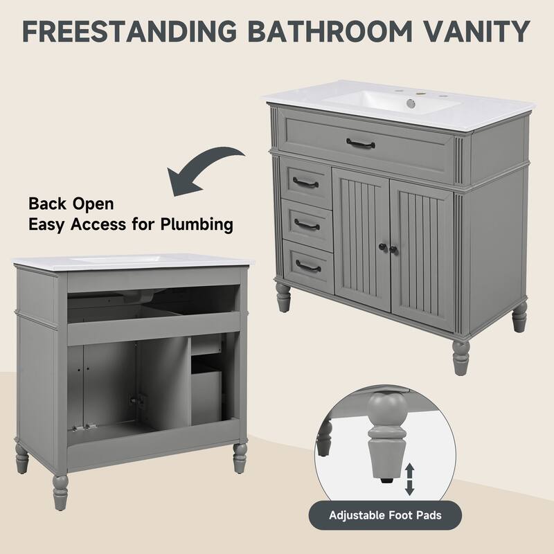 Roomfitters 36" Bathroom Vanity with Integrated Ceramic Sink, Solid Wood Frame and Soft-Close Storage