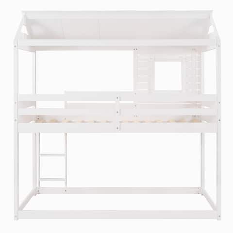 Twin Over Twin Floor Bunk Bed Wood Loft Bed with Roof, Window, Guardrail, Ladder (White)