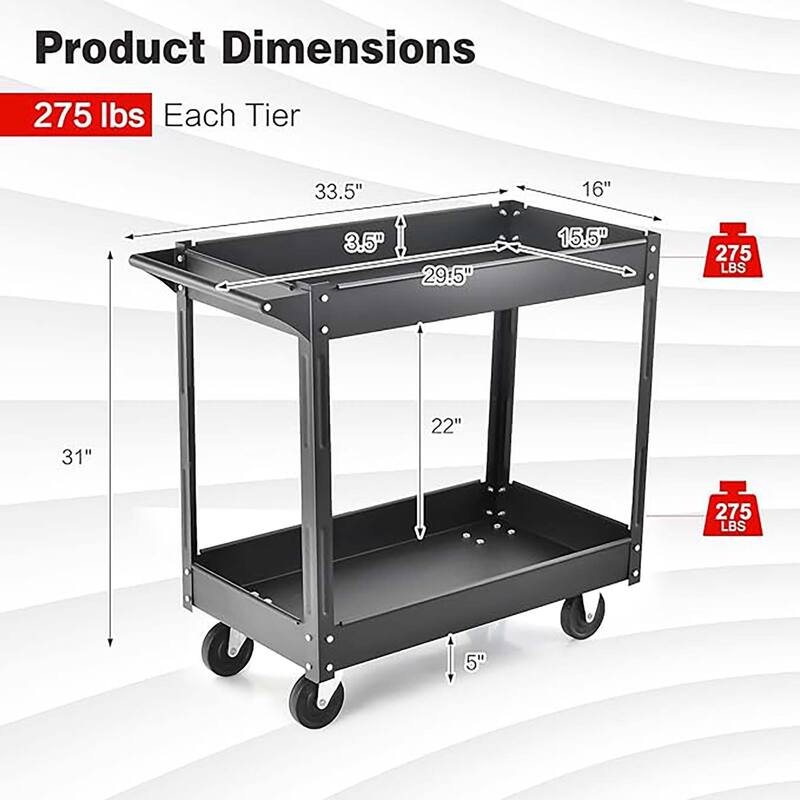 2-Tier Utility Cart Metal Rolling Tool Storage Organizer w/ Handle