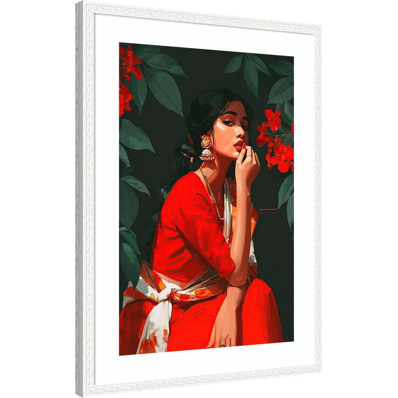 Indian Woman Red Traditional Dance Pose Elegant Teal by Tradelink inhouse artist Wood Framed Wall Art Print