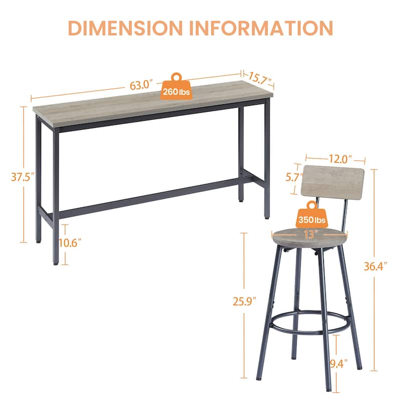 Long Bar Table Set with 3 PU Upholstered Bar Stools