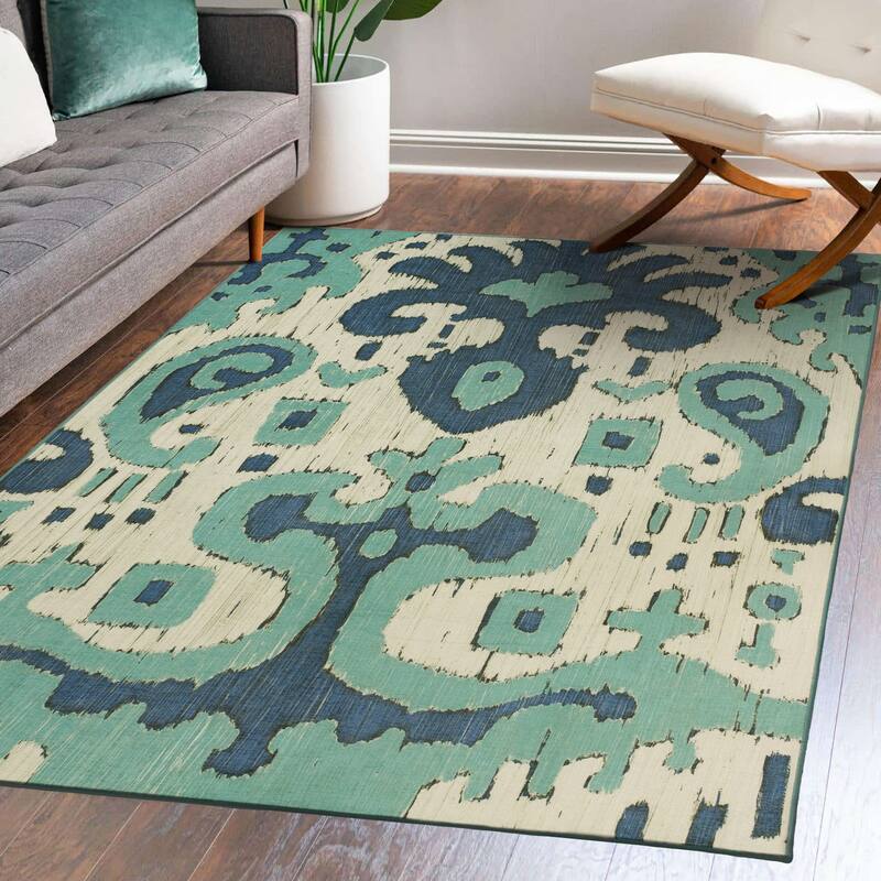 My Magic Carpet Machine Washable Rug Ochre Ikat Steel Blue - 5' X 7'