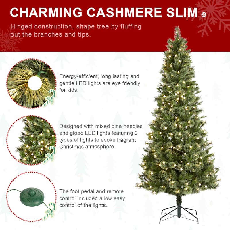 Glitzhome 7.5ft/9ft Pre-Lit Green Slim Pine Artificial Christmas Tree with Foot Pedal & Remote Control