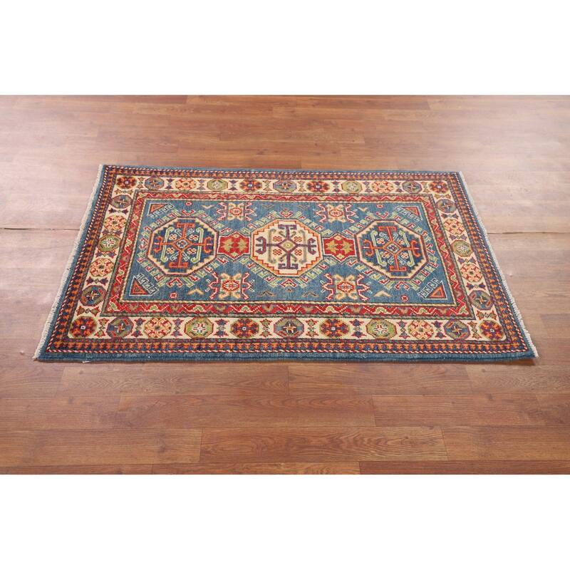 Blue Geometric Kazak Foyer Rug Handmade Bedroom Wool Carpet - 2'7" x 4'1"