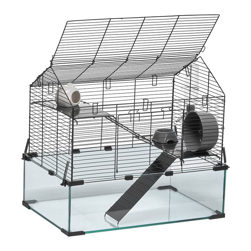 Tempered Glass Hamster Cage with 360 degree View, Metal Mesh Top & Easy Clean Design - 22.8 x 15 x 21.3 inches