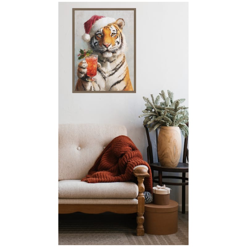 Kate and Laurel Sylvie Framed Canvas Tiger Festive Cocktail Santa Hat by The Creative Bunch Studio