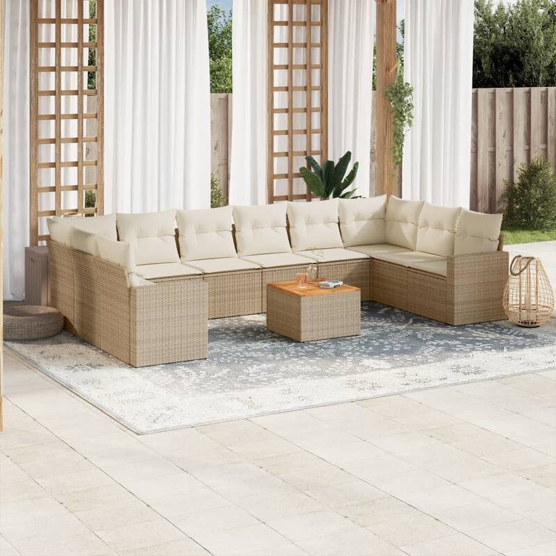 vidaXL Patio Sofa Set with Cushions Outdoor Furniture 11 Piece Poly Rattan - Beige 2x corner + table + 6x middle - 21.7 x 21.7 x 14.6