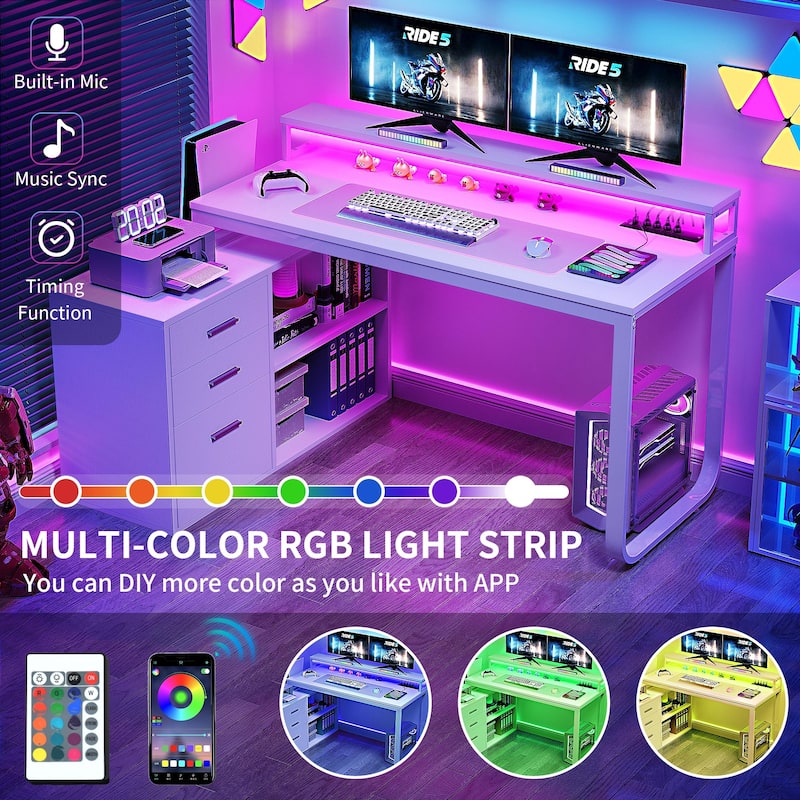 55 Inch L-shaped Gaming Desk with Power Outlets and LED Lights Computer Corner Desk with File Cabinet Monitor Stand