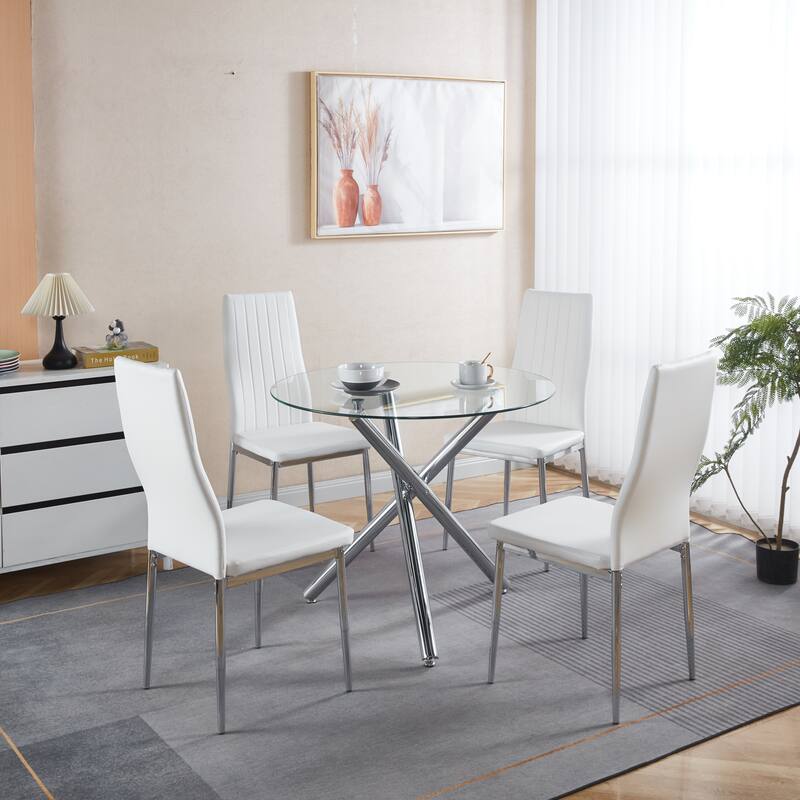 5 Pieces Dining Set, Table Metal Leg Mid-Century Dining Table for 4-6 People with Glass Table Top,Pedestal Dining Table - White