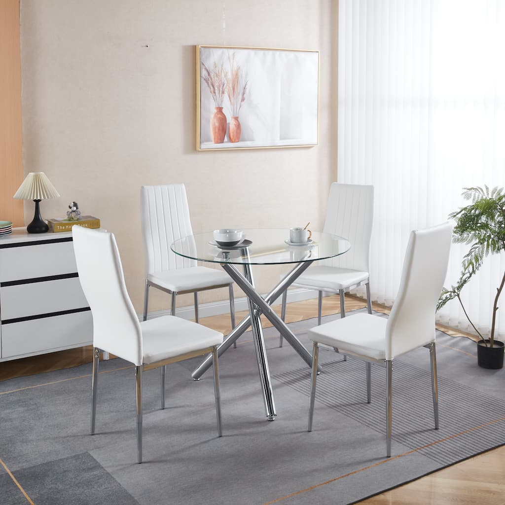 5 Pieces Dining Set, Table Metal Leg Mid-Century Dining Table for 4-6 People with Glass Table Top,Pedestal Dining Table