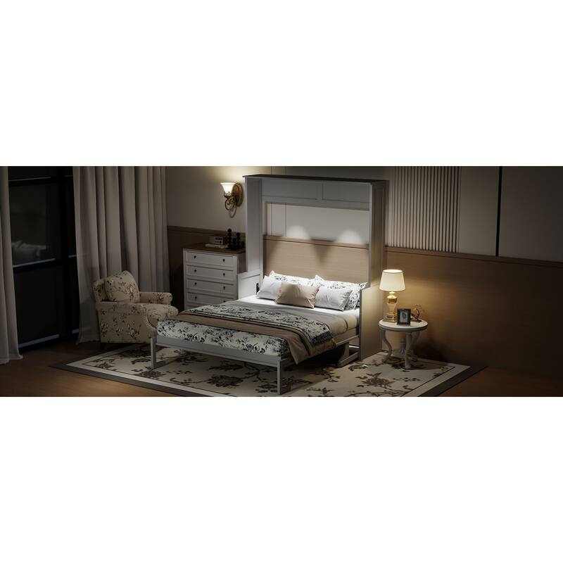 Roomfitters Queen Size Murphy Bed with Folding Desk and USB Charging Ports, Space-Saving Wall Bed with LED Lights