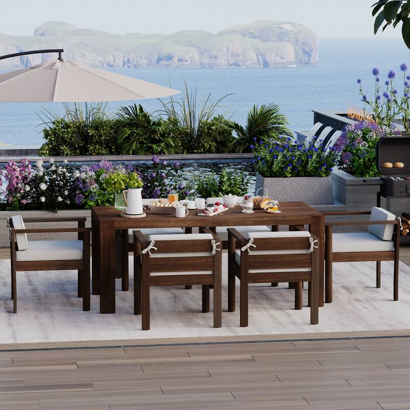 7-Piece Outdoor Patio Dining Set Wood Rectangular Dining Table and 6 Arm Chairs with Parasol Hole and Removable Cushions