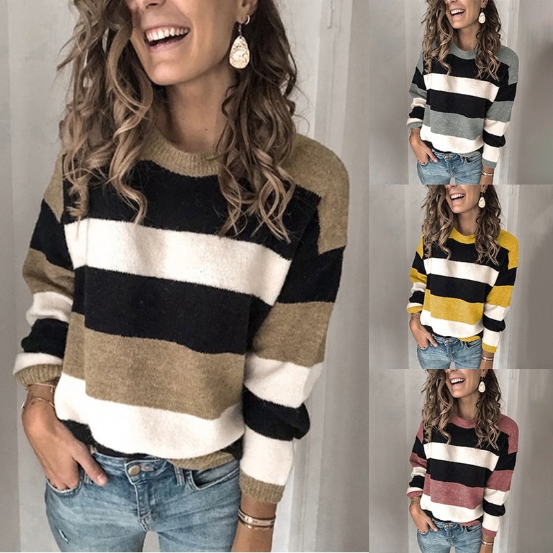 Women Casual Long Sleeve Contrast Striped Sweater Pullover Loose Sweater