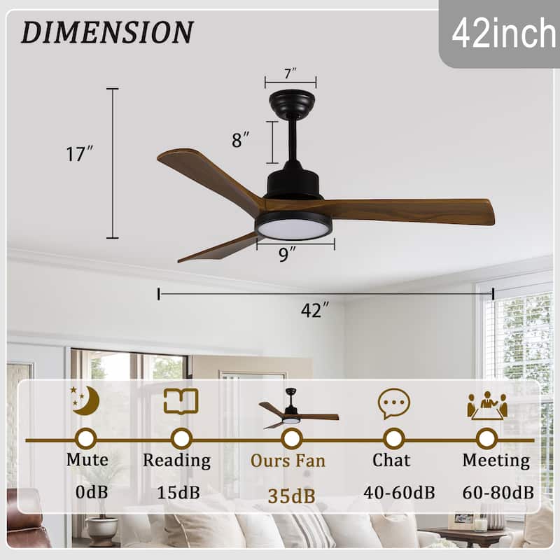 42-Inch Ceiling Fan with Light, Solid Wood Blades, 2 Downrods for Sloped Ceiling ≤15°, Quiet Reversible DC Motor - Natural Wood
