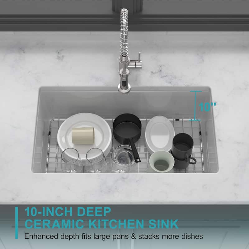 Undermount Single Bowl Fireclay Kitchen Sink - Dual Mount White Porcelain Fireclay Rectangular Deep Single Bowl Sink Basin