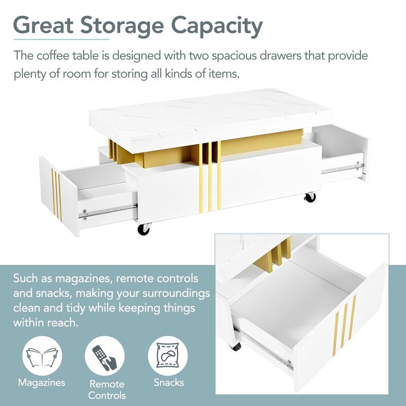 Coffee Table with 2 Storage Drawers, Rectangle Cocktail Table Center Table with Caster Wheel for living Rooms, Offices, Lounges