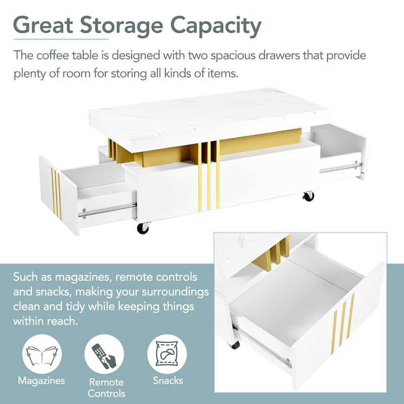 Roomfitters Rectangle Coffee Table with Faux Marble Top, Modern Center Table with Gold Metal Frame and Wheels