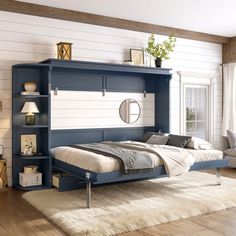 Murphy Platform Bed with Side Cabinets & Drawers, Wall Bed with Shelf for Home Office, Queen or Full - Blue - Queen