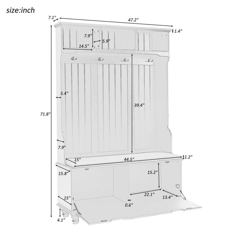 47.2'' Entryway Bench with Coat Rack, Cushion and 4 Sturdy Hooks for Hallway, Entryway, Living Room