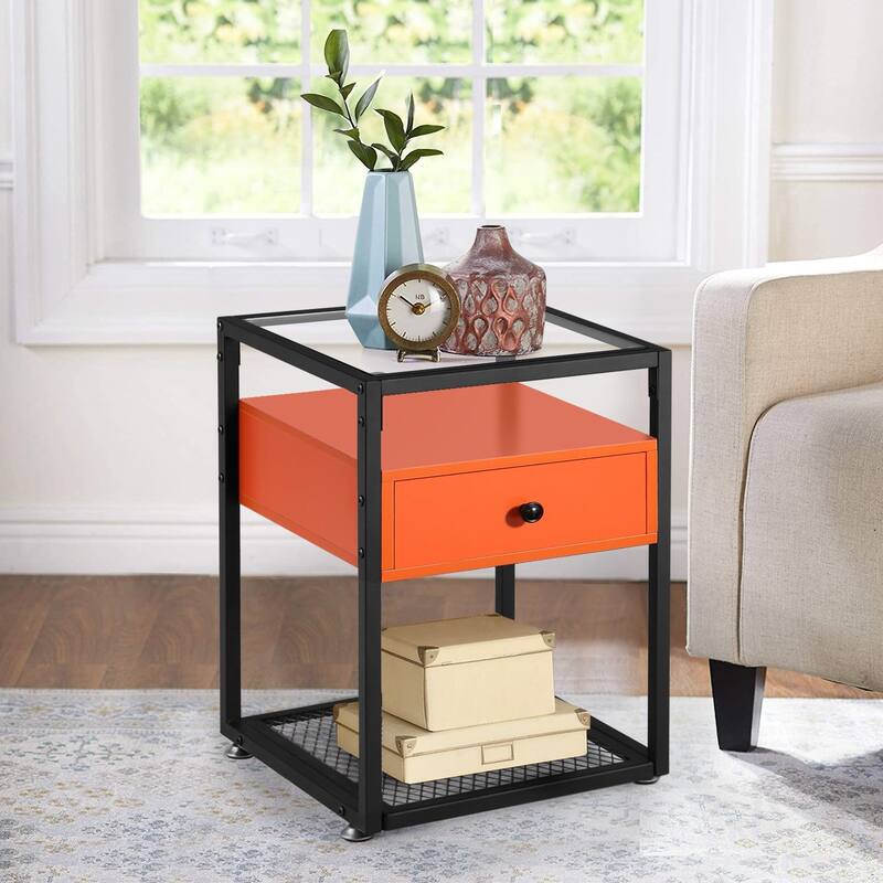 VECELO Modern 1- Drawer Nightstands with Tempered Glass Top