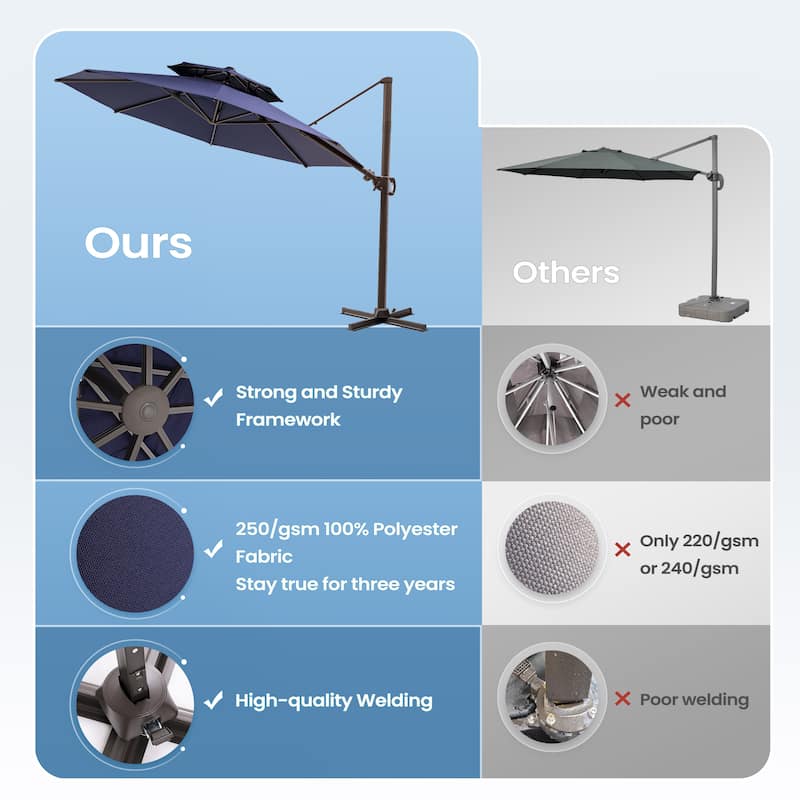 11 ft Outdoor Aluminum Dual Top Solar Powered LED Lighted Patio Cantilever Umbrella and Weighted Base
