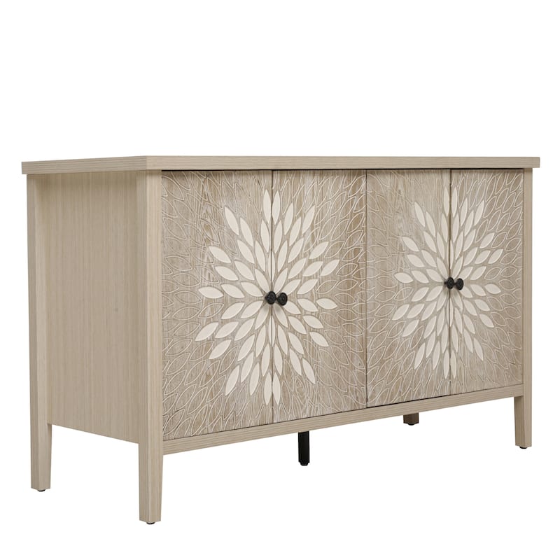 4 Door Carved Storage Cabinet, Multifunctional Wooden Sideboard Cabinet, Accent Cabinet with Adjustable Shelves & Support Feet