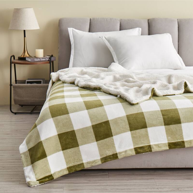 Linery & Co. Velvet Plush Reversible Sherpa Throw Blanket - 50" x 60" Throw - Olive Green Buffalo Checks