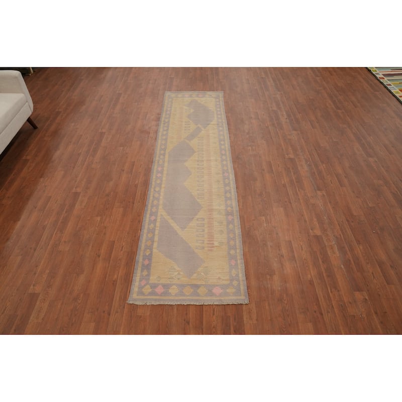 Hand Woven Oriental 100% Wool Carpet Southwestern Tribal Yellow & Gold Kilim Runner Rug - 10' 0'' X 2' 6''