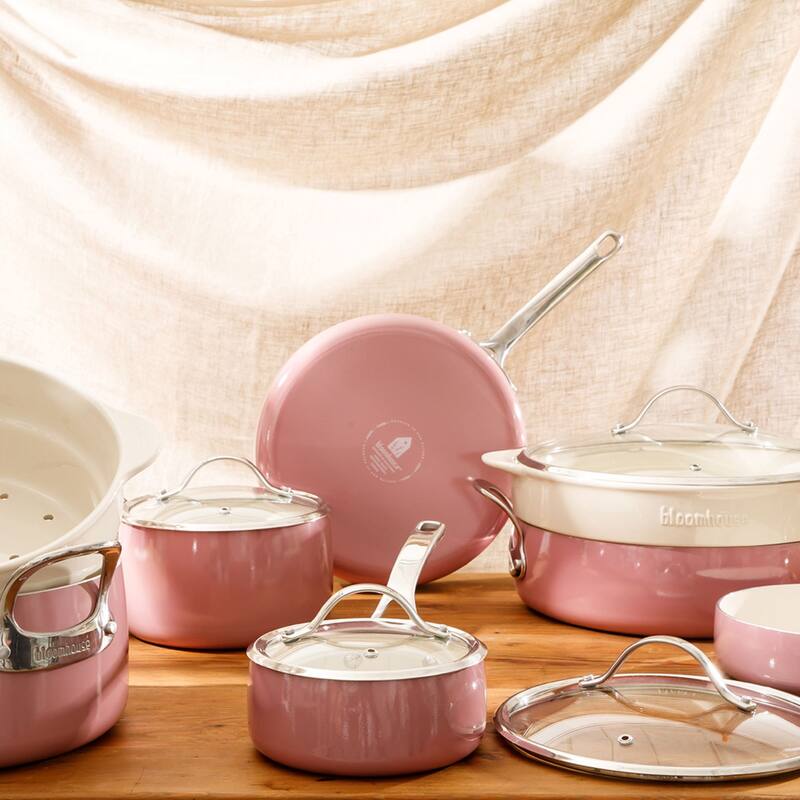 Bloomhouse 12 Piece Aluminum Enamel Cookware Set w/ Non-stick Non-toxic Ceramic Interior and Ceramic Steamer Insert