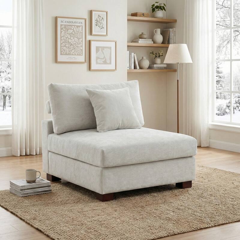 Chenille Upholstered Armless Accent Chair With Plush Cushion - ARMLESS CHAIR - Off-White