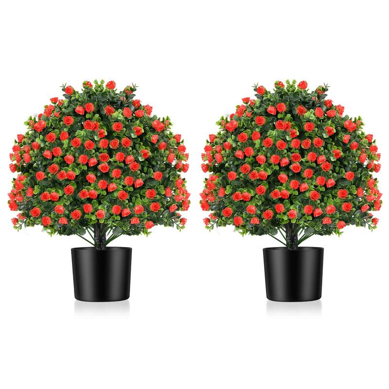 Costway 2 Pack Artificial Rose Topiary Ball Tree Faux Shrub Bushes - Green & Red & Black - See Details - Green & Red & Black - See Details