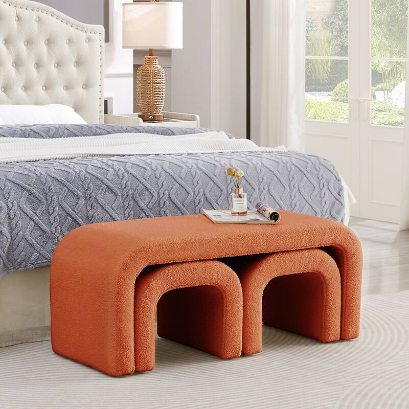 3-Piece End of Bed Bench Set with 2 Small Benches, Teddy Ottoman Bench Sofa Footrest for Entryway, Living Room