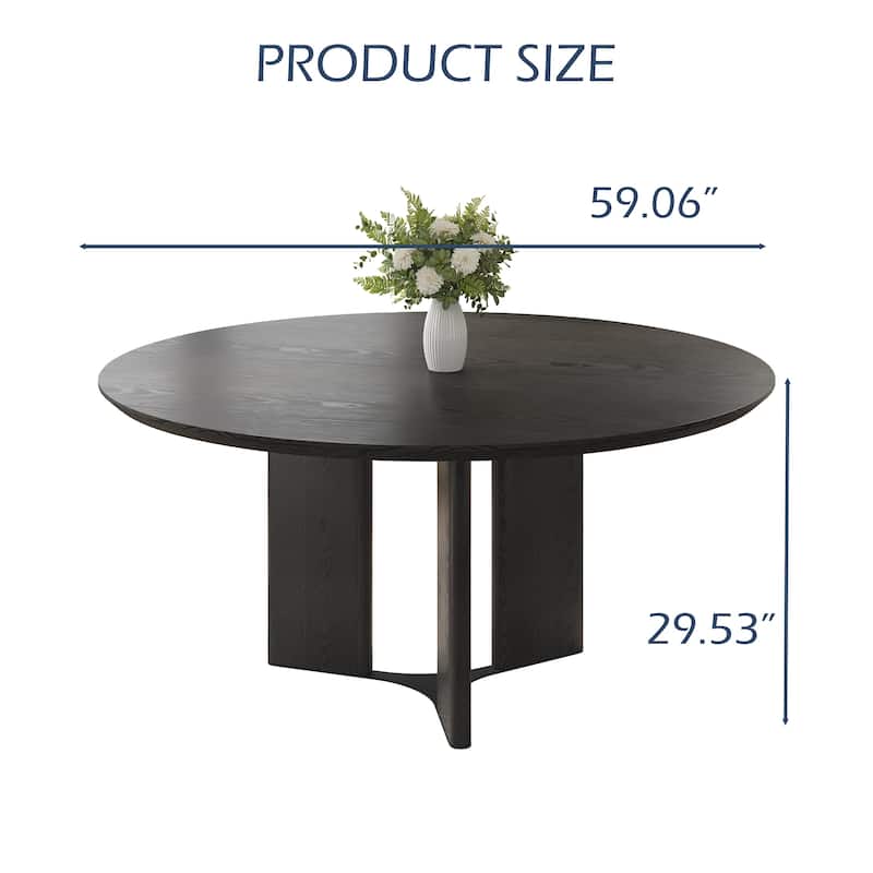 59" Modern Round Dining Table for 6-8, Black Solid Wood Texture, with 3 Stable Wood Legs