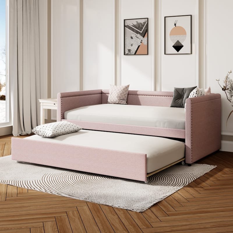 Modern Style Twin Size Upholstered Daybed with Trundle for Guest Room, Small Bedroom, Study Room, Beige