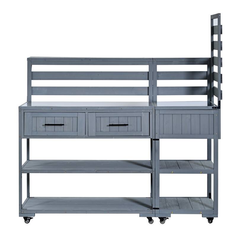 Solid Wood 62.3'' Patio Kitchen Island Kitchen Cart with Stainless Table Top, Garden Potting Bench with Raised Shelf and Drawers