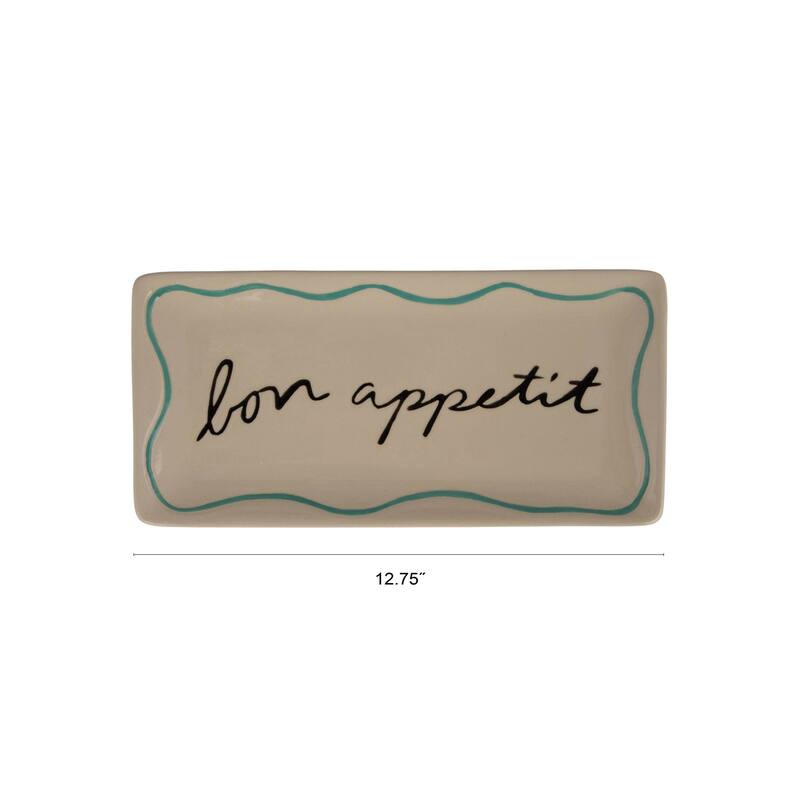 Stoneware Platter with Wax Relief "Bon Appétit" Design - 12.75"L x 6.0"W x 0.75"H