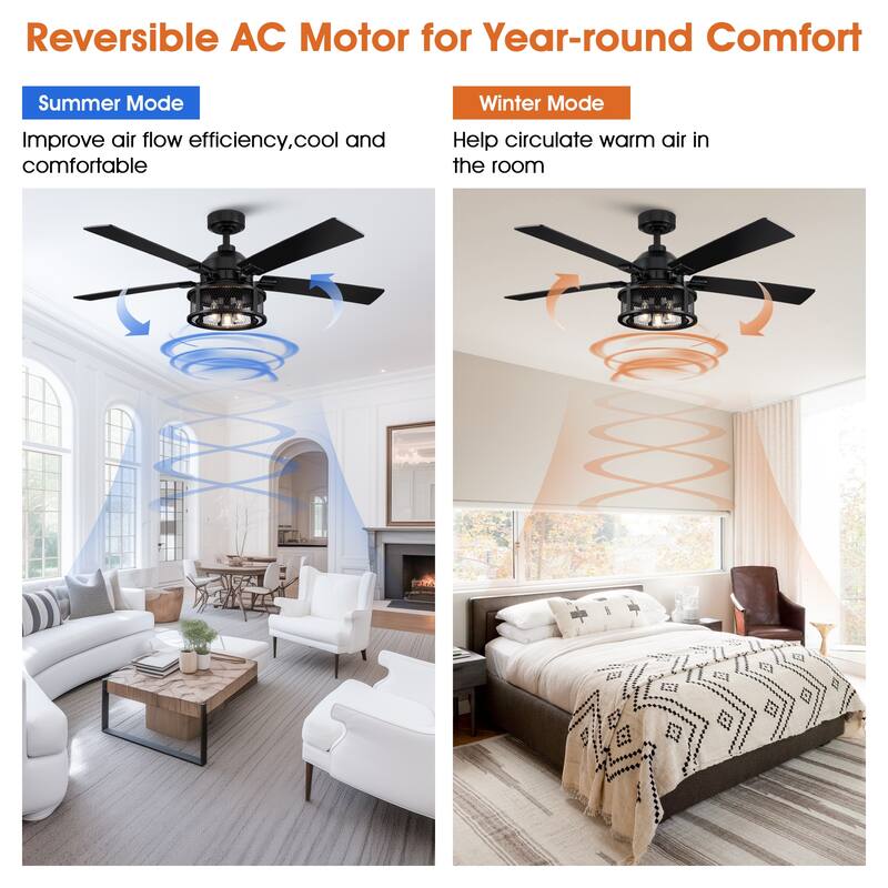 52" Industrial Reversible Wood 5-Blade Black Ceiling Fan with Light and Remote