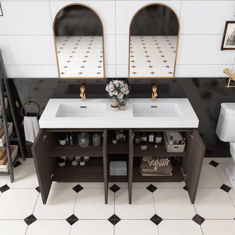 59.6'' Freestanding Bathroom Vanity with White Integrated Solid Surface Sink in Smoked Oak - 59.49'' x 19.11'' x 36.45''