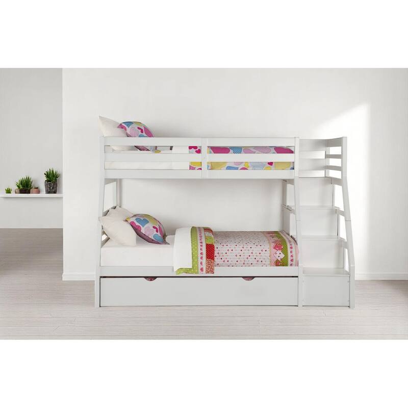 Twin Over Full Bunk Bed with Trundle and Storage Ladder bed, Built-in Drawers,Full-Length Guardrail,Slat Support System Included