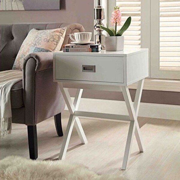White Modern 1 Drawer End Table Nightstand with X Legs Bed Bath