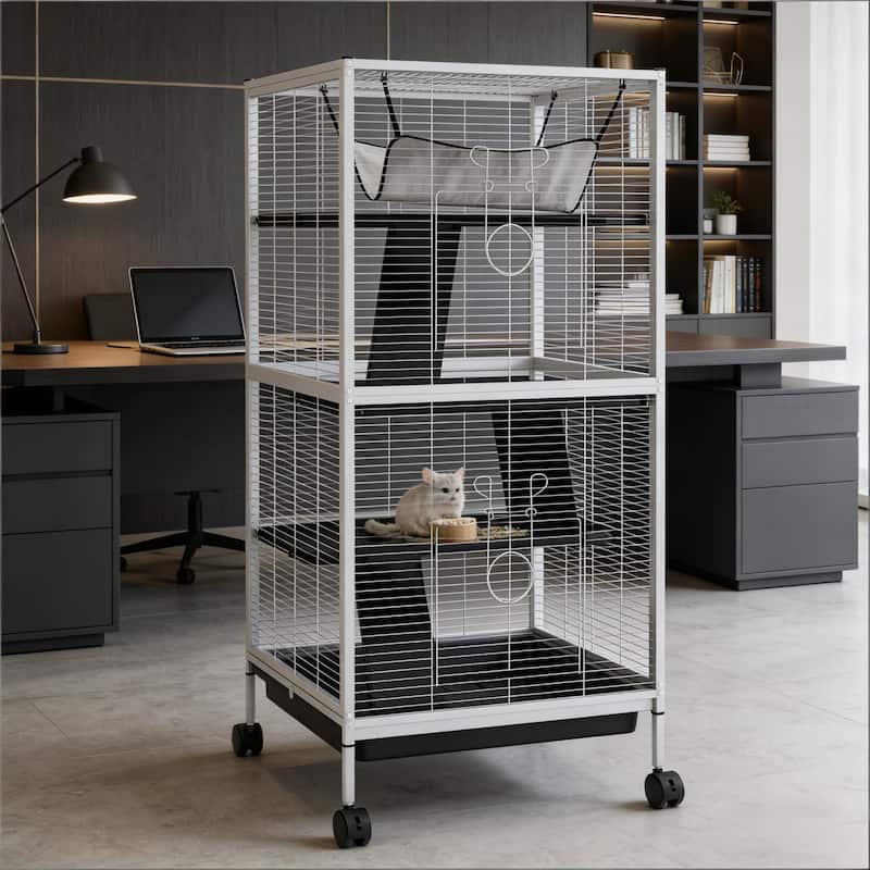 Spacious Pet House,Rolling Small Animal Hutch Cage,Small Pet Hutch is designed for convenient cleaning - White