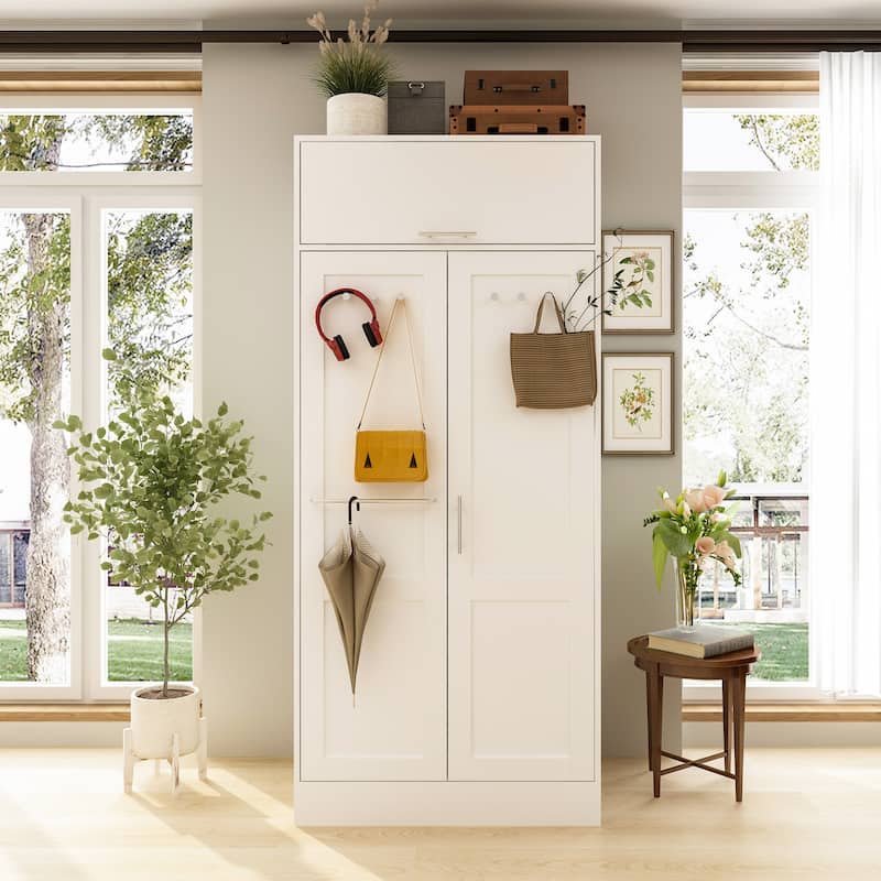 White Entryway Cabinet with Hooks and Hanging Rod - Sleek Design