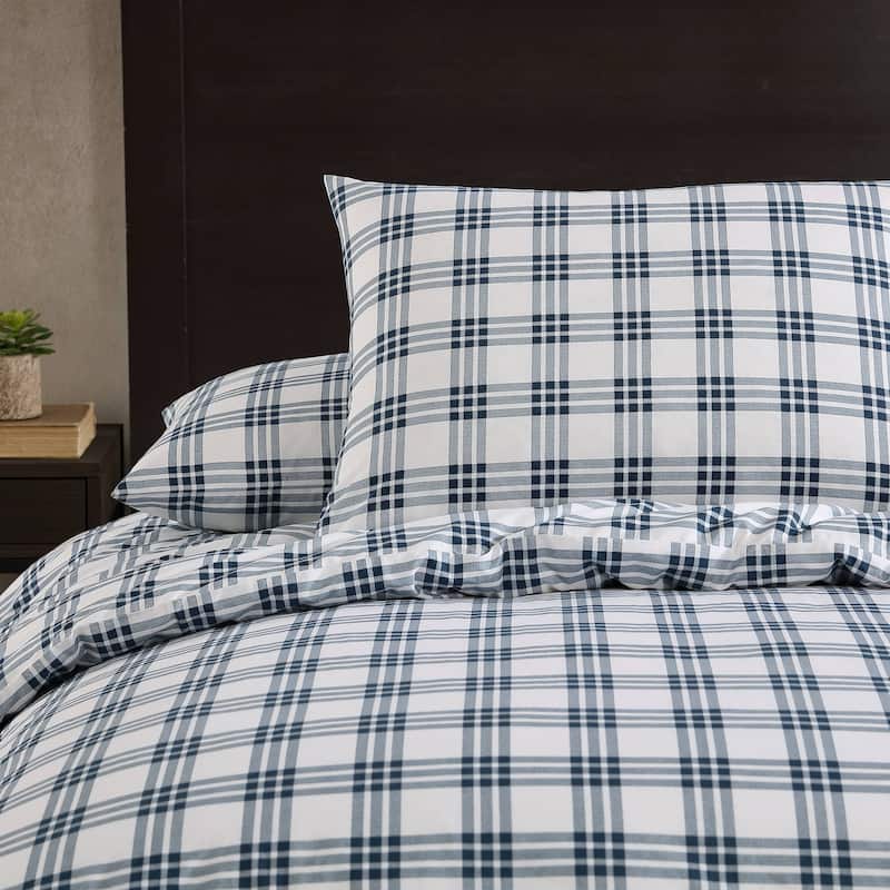 Eddie Bauer Basic Plaid Navy Cotton Percale Duvet Cover Set