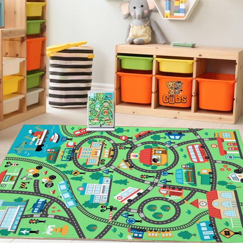 Kids Play Rug, City Road, Vehicle Carpet Playmat Rug, Non Slip Educational Kids Area Rug for Playroom Nursery Toddler Room