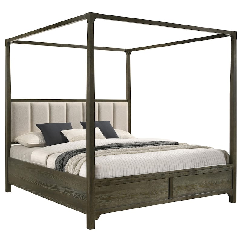 Seon California King Bed, 4 Posters, Ivory Upholstery Dark Cocoa Brown