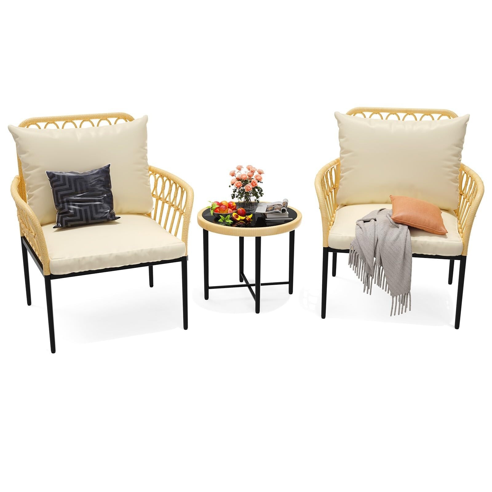 3 Piece Wicker Patio Furniture Set with Metal Frame for Garden Balcony Backyard Porch